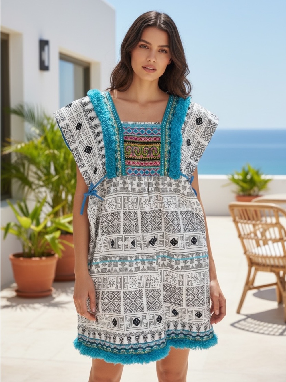 Boho Embroidered White & Turquoise Fringe Swim Cover-Up Beach Resort Approx M